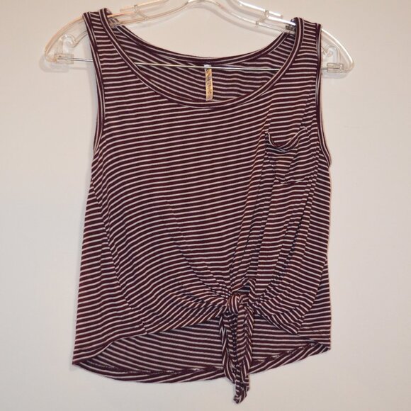 SPLASH Brown-White Stripes Pattern Small Front Pocket Tied Waist Rayon Top S - Picture 1 of 6